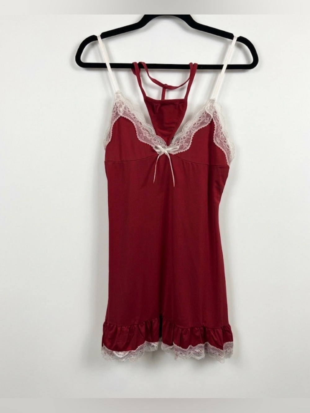 Coquette Aesthetic Red Mini Nightie Lingerie with Ruffle Trim and G-String XL